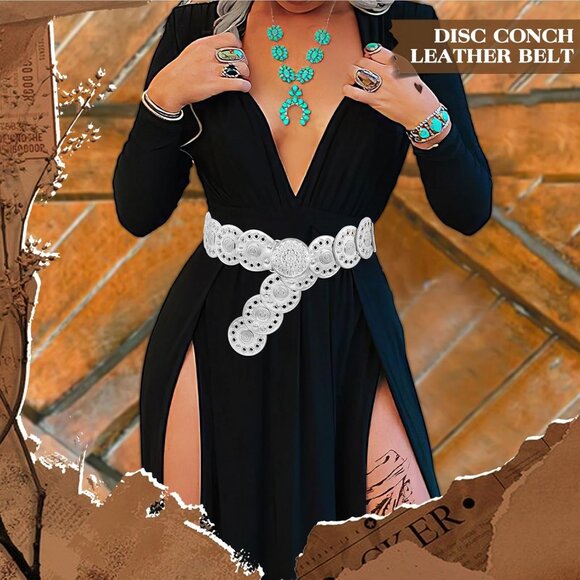 Women Vintage Disc Waist Concho Leather Belt Boho Waist Belt Silver Buckle - Picture 6 of 7